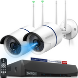 【2K, Mejora de Señal con Antena Dual】 Sistema de Cámaras de Seguridad Inalámbrica, NVR de 10 Canales de 5.0MP, 2 Cámaras IP Domésticas de 3.0MP, Sistema de Vigilancia CCTV Interior/Exterior OHWOAI, Detección de Humanos por AI, IP67