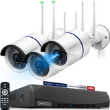 【2K, Mejora de señal con antena doble】 Sistema de cámaras de seguridad inalámbricas, NVR de 10 canales de 5.0MP, 3 cámaras IP domésticas de 3.0MP, sistema de vigilancia CCTV para interiores y exteriores OHWOAI, Detección AI de humanos, IP67